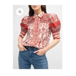 NWOT Alice + Olivia Willa Scrunch Puff Sleeve Placket Top